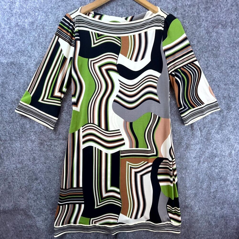 Ali Ro Dress Small Green Brown Abstract Artsy Psychedelic‎ Fun Maximalist Comfy
